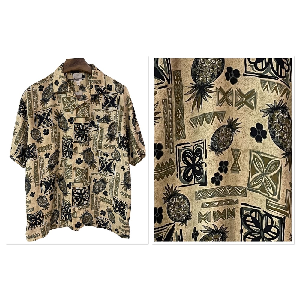 Vtg Tommy Bahama Relax Mens XL Silk Pineapple Floral Camp Shirt Neutral Hawaiian